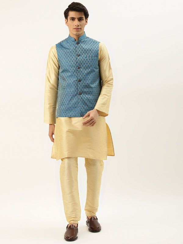 Men's Silk Blend Gold Kurta Pyjama & Peacockblue Nehrujacket Combo - Sojanya