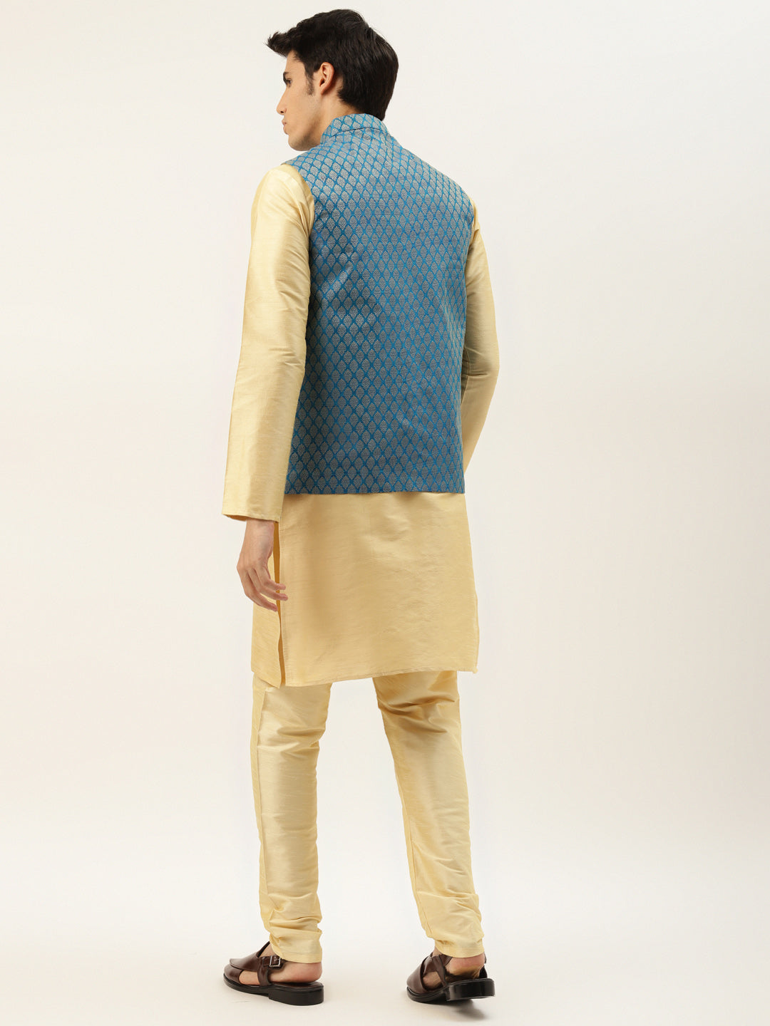 Men's Silk Blend Gold Kurta Pyjama & Peacockblue Nehrujacket Combo - Sojanya