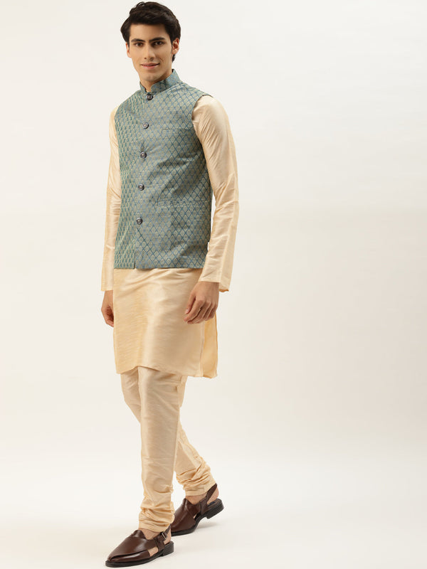 Men's Silk Blend Gold Kurta Pyjama & Teal Green Nehrujacket Combo - Sojanya