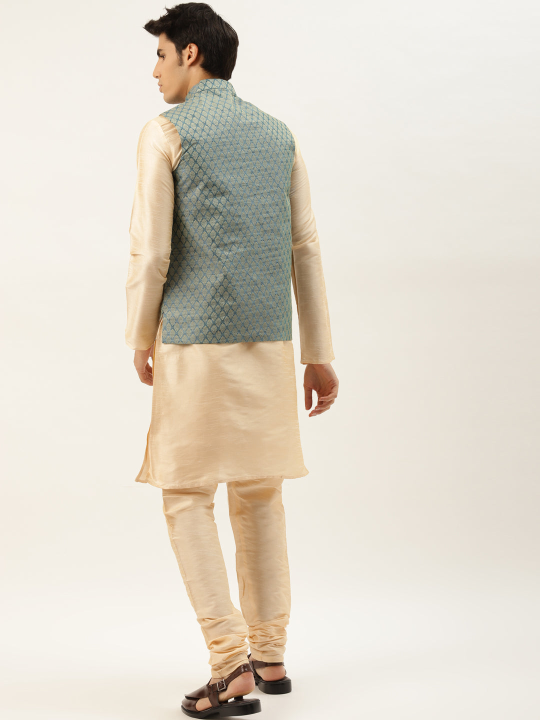 Men's Silk Blend Gold Kurta Pyjama & Teal Green Nehrujacket Combo - Sojanya