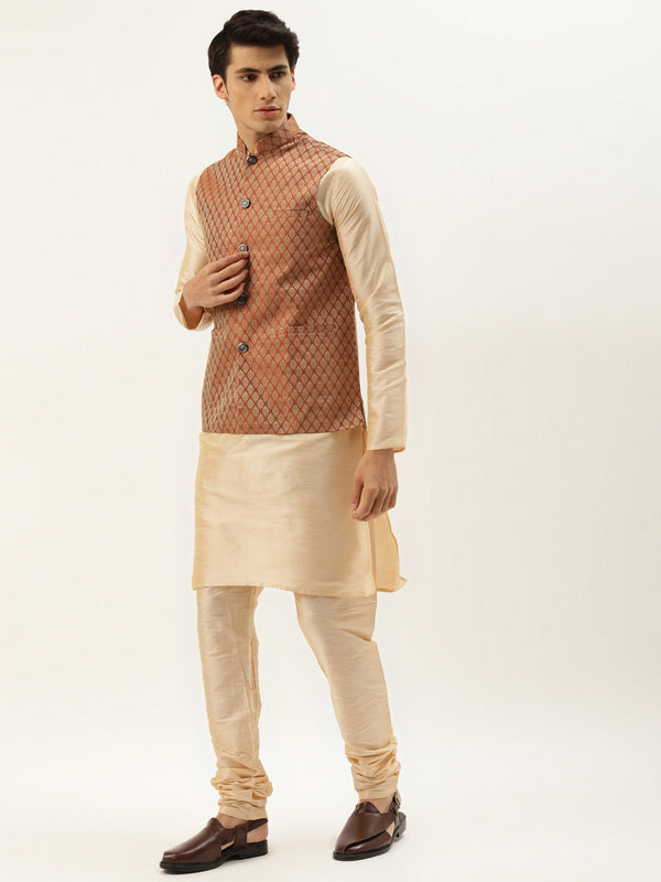 Men's Silk Blend Gold Kurta Pyjama & Orange Nehrujacket Combo - Sojanya