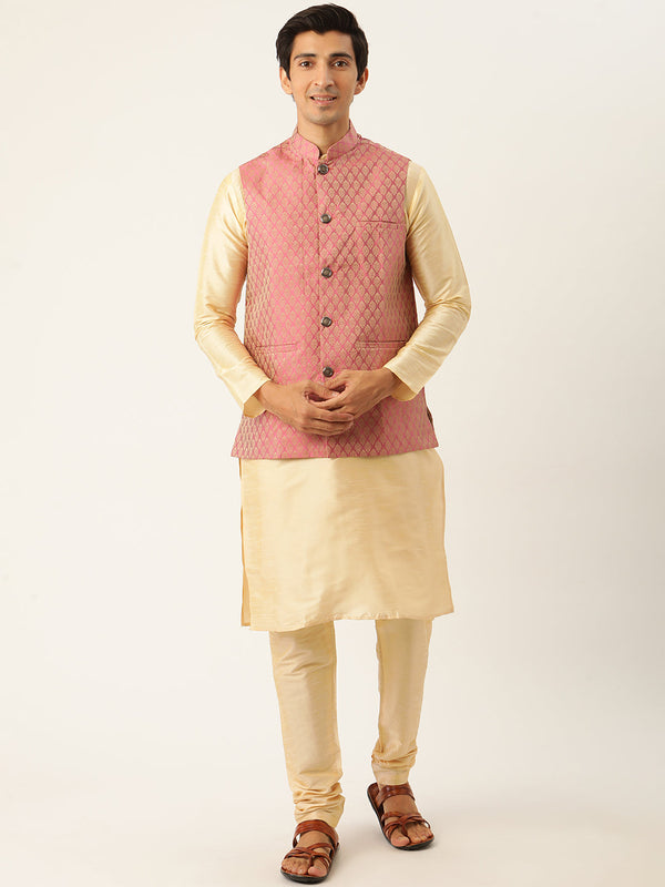 Men's Silk Blend Gold Kurta Pyjama & Pink Nehrujacket Combo - Sojanya