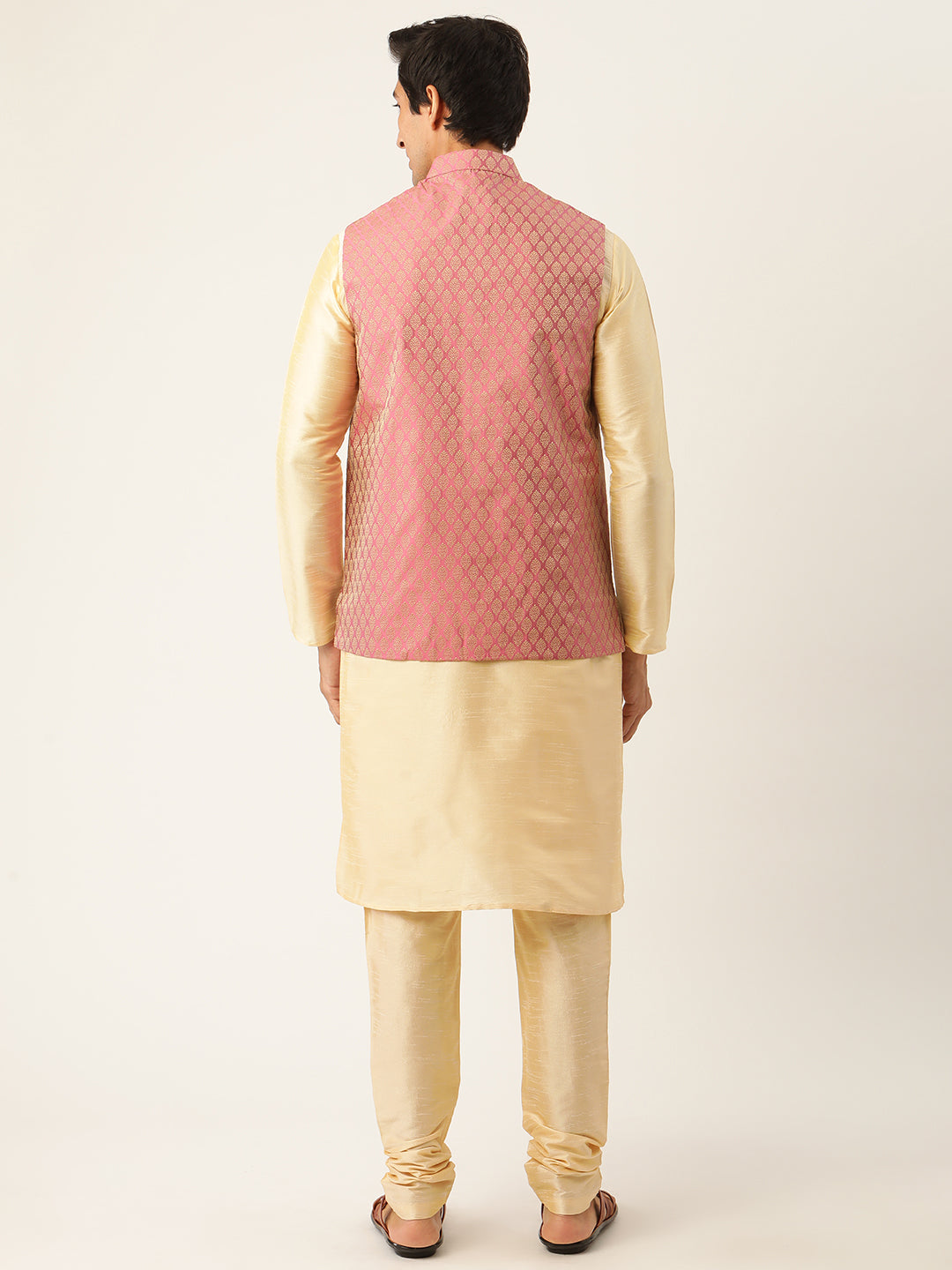 Men's Silk Blend Gold Kurta Pyjama & Pink Nehrujacket Combo - Sojanya