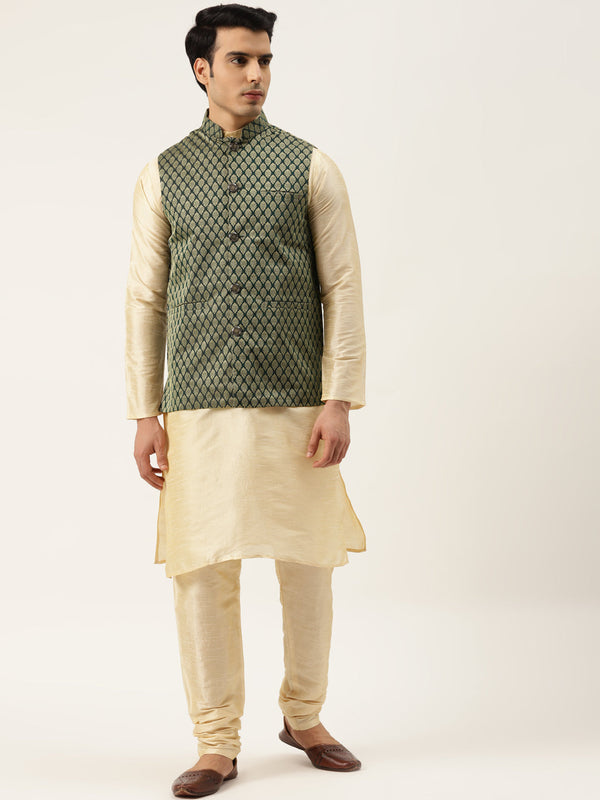 Men's Silk Blend Gold Kurta Pyjama & Dark Green Nehrujacket Combo - Sojanya