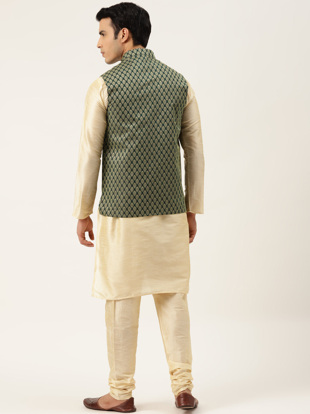 Men's Silk Blend Gold Kurta Pyjama & Dark Green Nehrujacket Combo - Sojanya