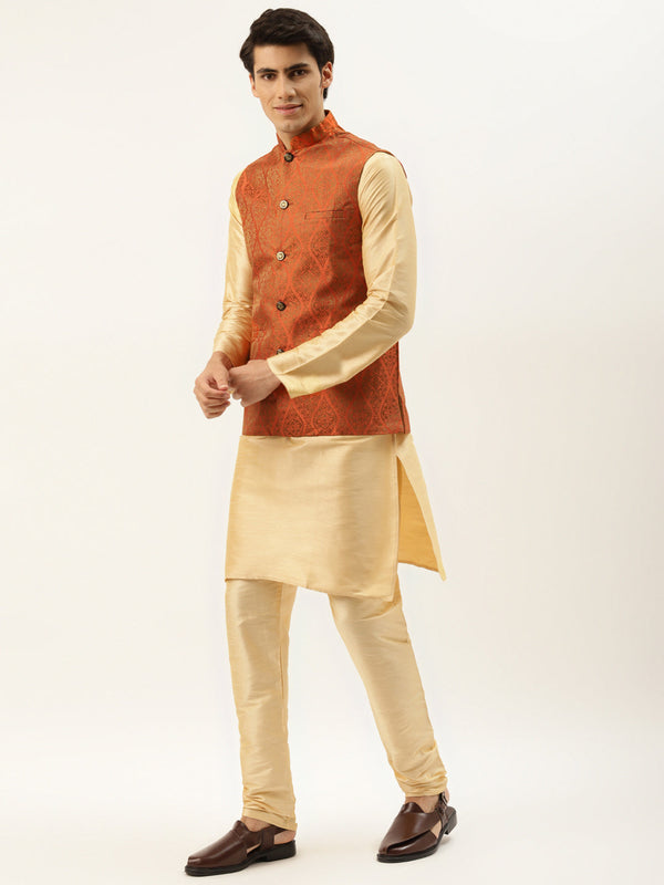 Men's Silk Blend Gold Kurta Pyjama & Orange Nehrujacket Combo - Sojanya