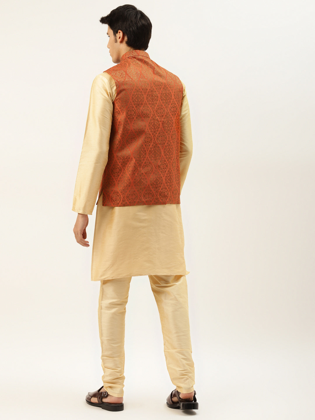 Men's Silk Blend Gold Kurta Pyjama & Orange Nehrujacket Combo - Sojanya