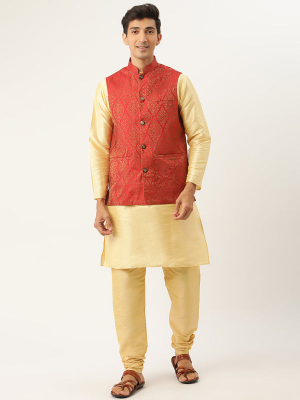 Men's Silk Blend Gold Kurta Pyjama & Red Nehrujacket Combo - Sojanya