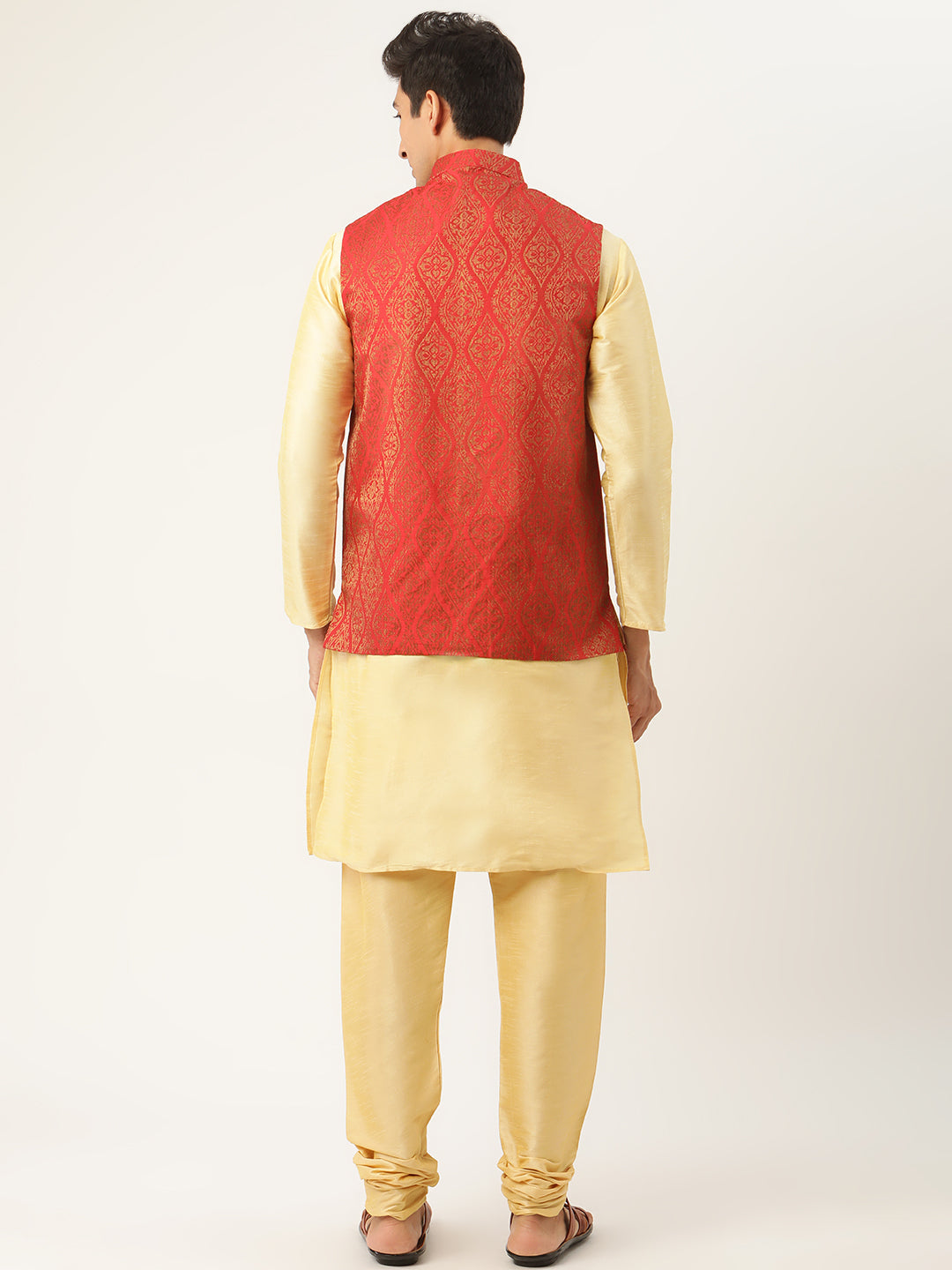 Men's Silk Blend Gold Kurta Pyjama & Red Nehrujacket Combo - Sojanya