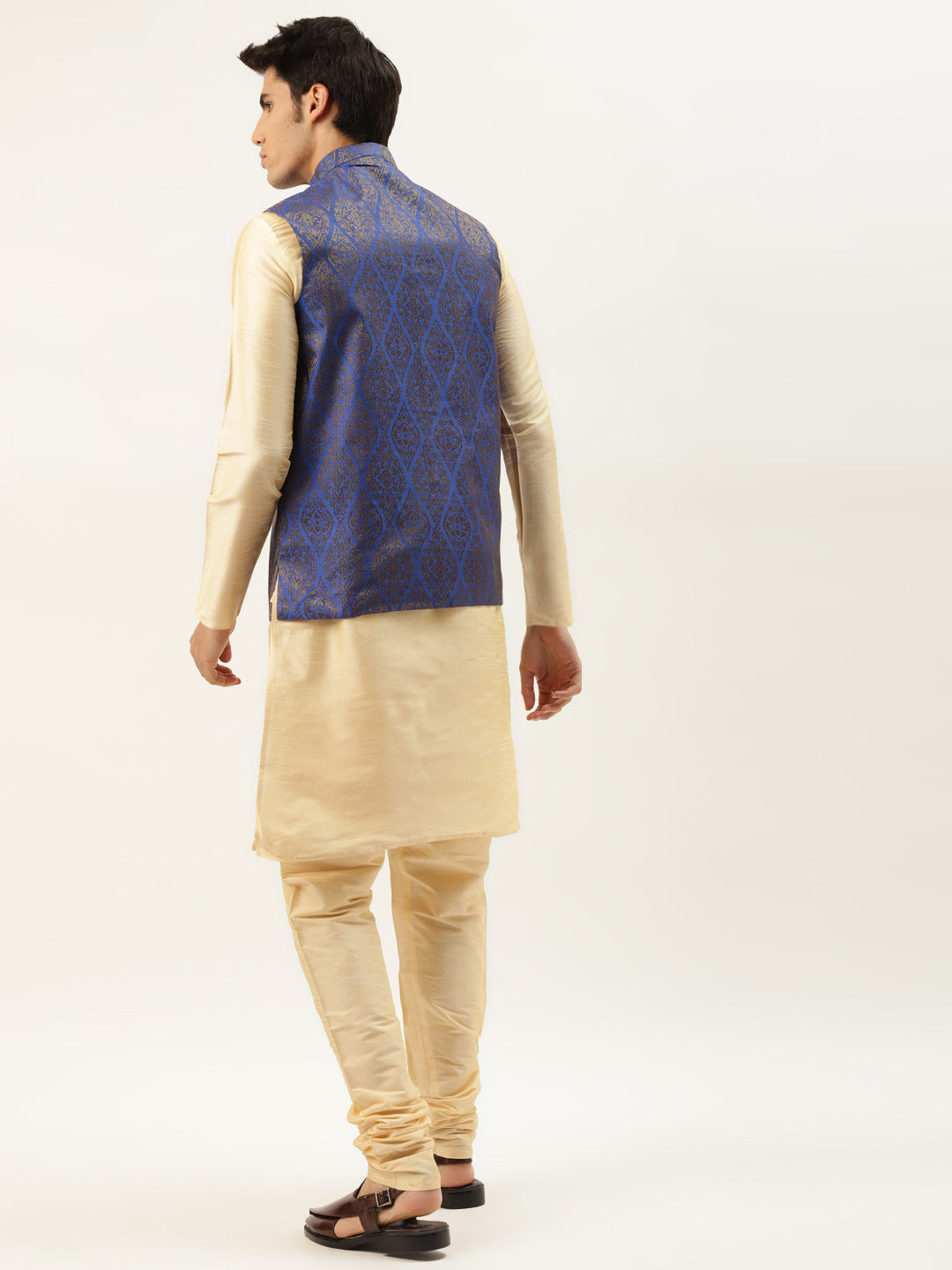 Men's Silk Blend Gold Kurta Pyjama & Blue Nehrujacket Combo - Sojanya