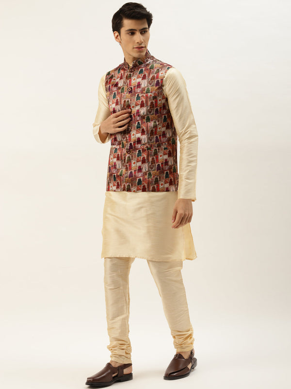 Men's Silk Blend Gold Kurta Pyjama & Magenta Nehrujacket Combo - Sojanya