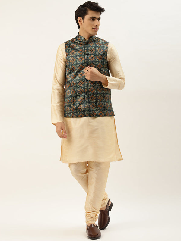 Men's Silk Blend Gold Kurta Pyjama & Bottle Green Nehrujacket Combo - Sojanya