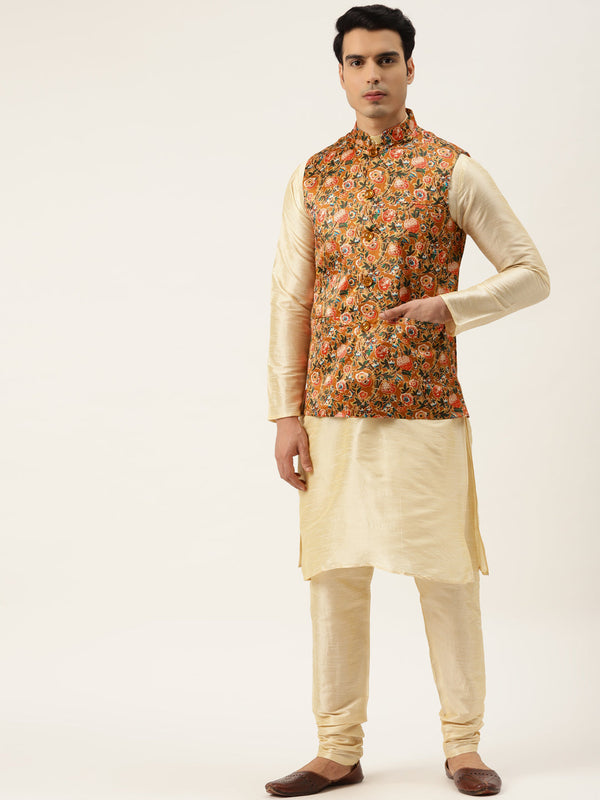 Men's Silk Blend Gold Kurta Pyjama & Tan Nehrujacket Combo - Sojanya