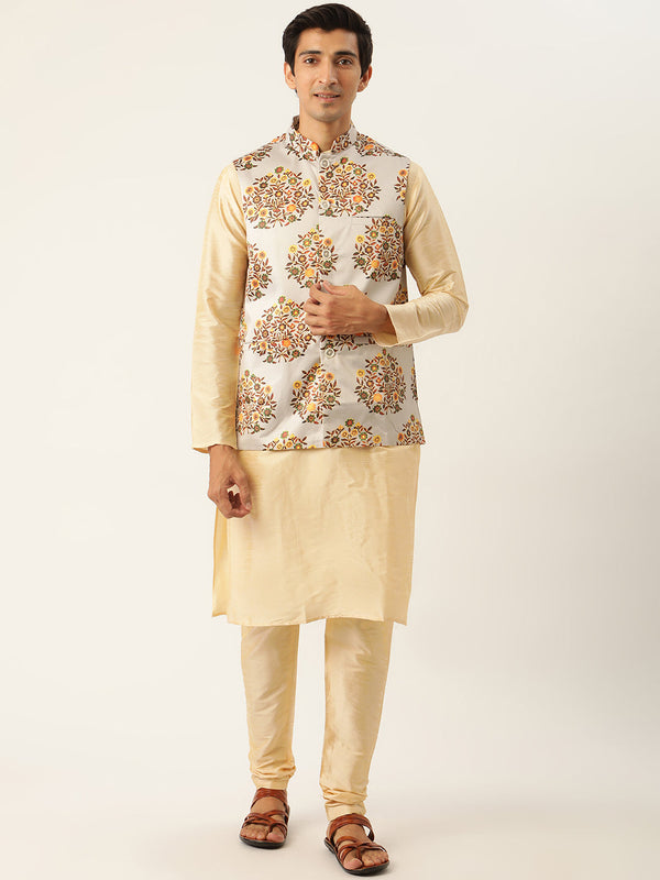 Men's Silk Blend Gold Kurta Pyjama & Lightgrey Nehrujacket Combo - Sojanya