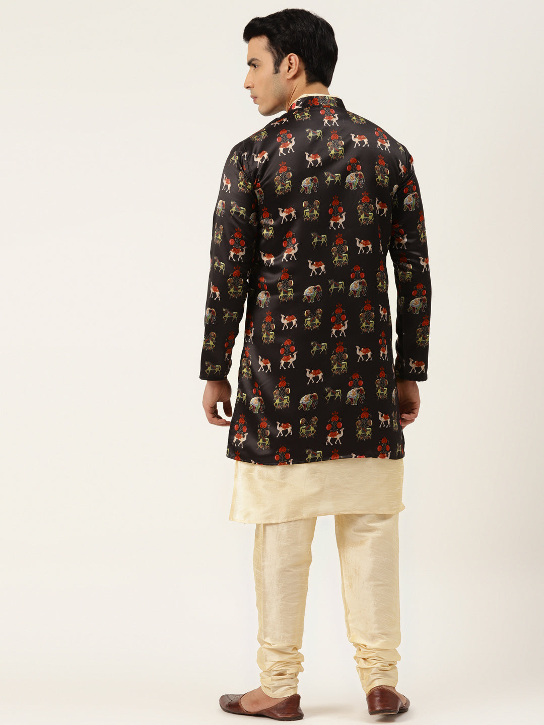 Men's Silk Blend Gold Kurta Pyjama & Black Sherwani Set - Sojanya