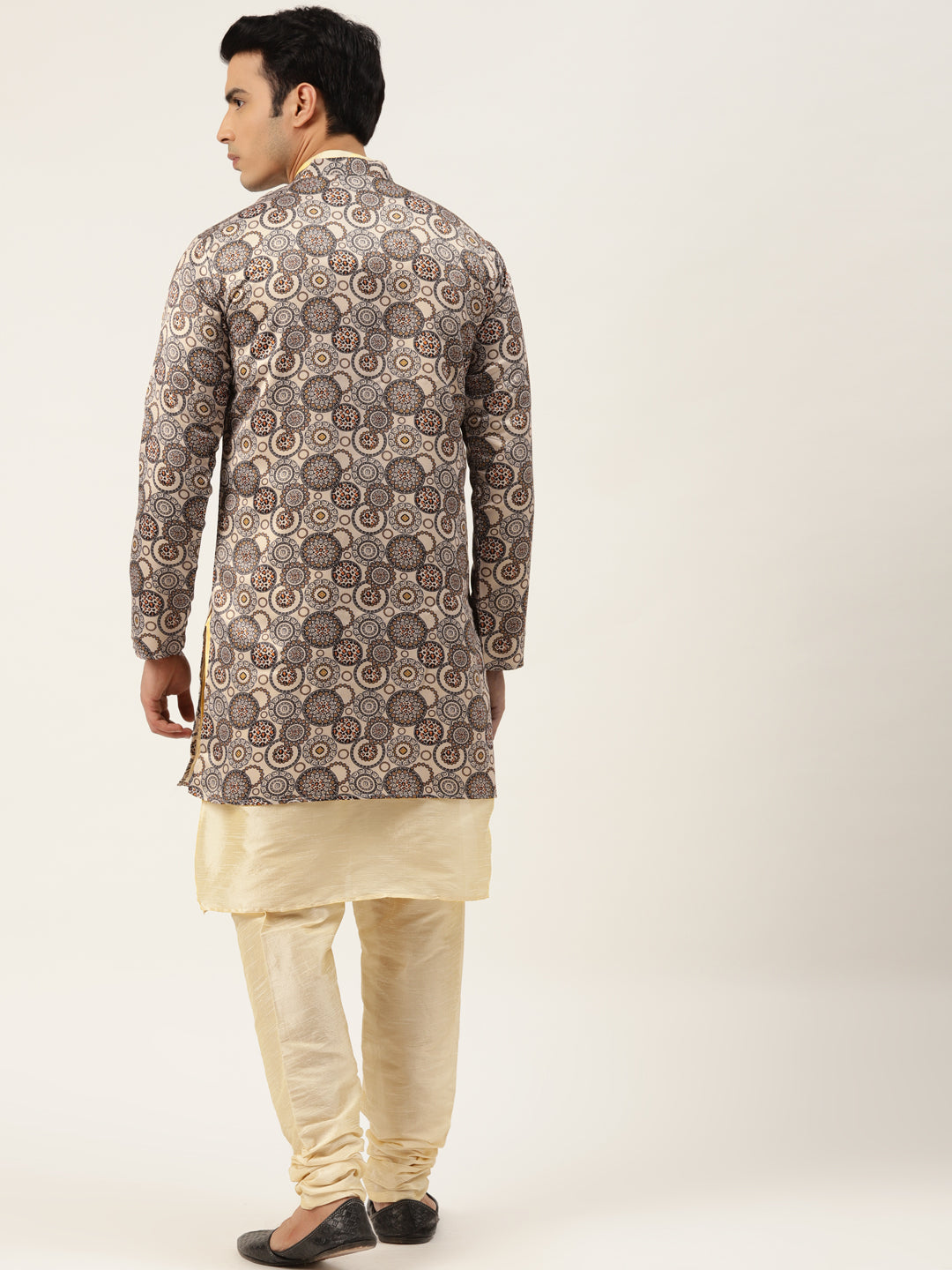 Men's Silk Blend Gold Kurta Pyjama & Beige Sherwani Set - Sojanya