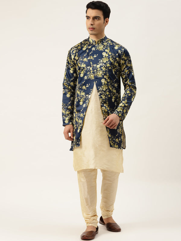 Men's Silk Blend Gold Kurta Pyjama & Navy Sherwani Set - Sojanya