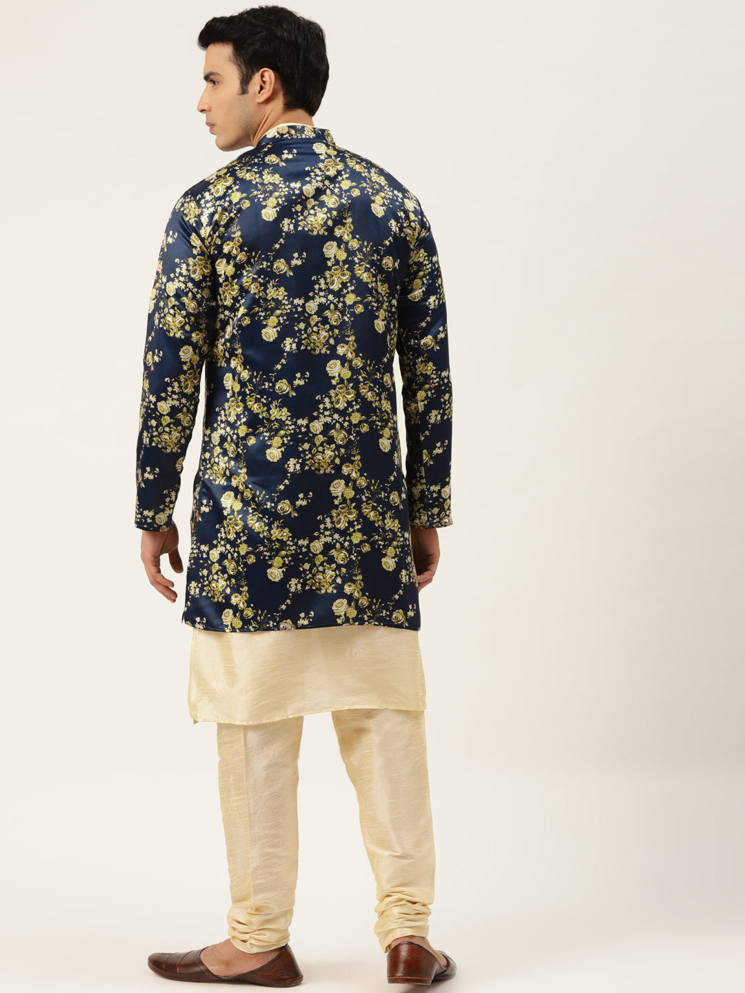 Men's Silk Blend Gold Kurta Pyjama & Navy Sherwani Set - Sojanya