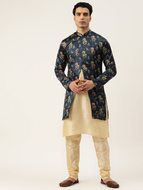 Men's Silk Blend Gold Kurta Pyjama & Navy Sherwani Set - Sojanya