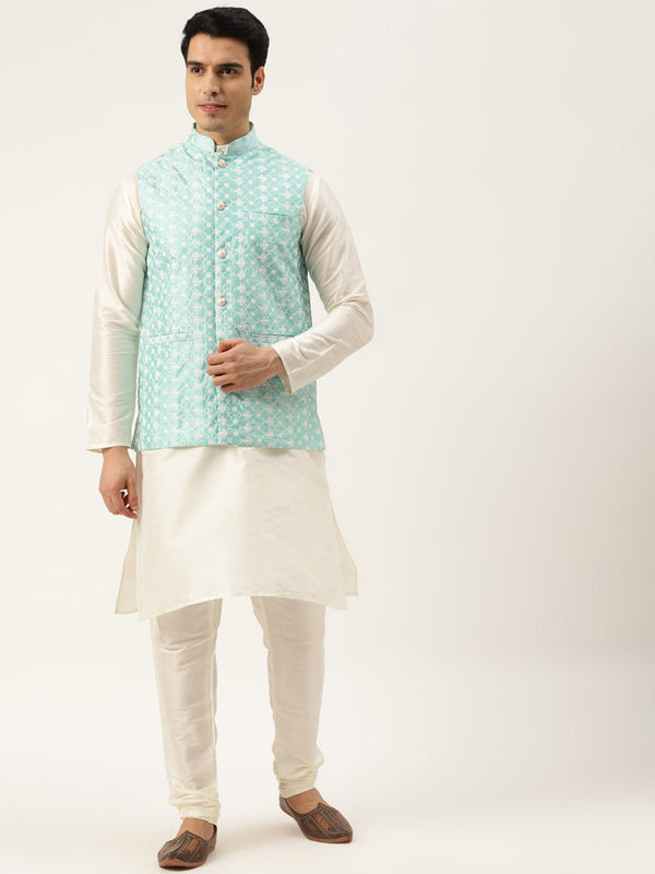 Men's Silk Blend Off White Kurta Pyjama & Seagreen Nehrujacket Combo - Sojanya