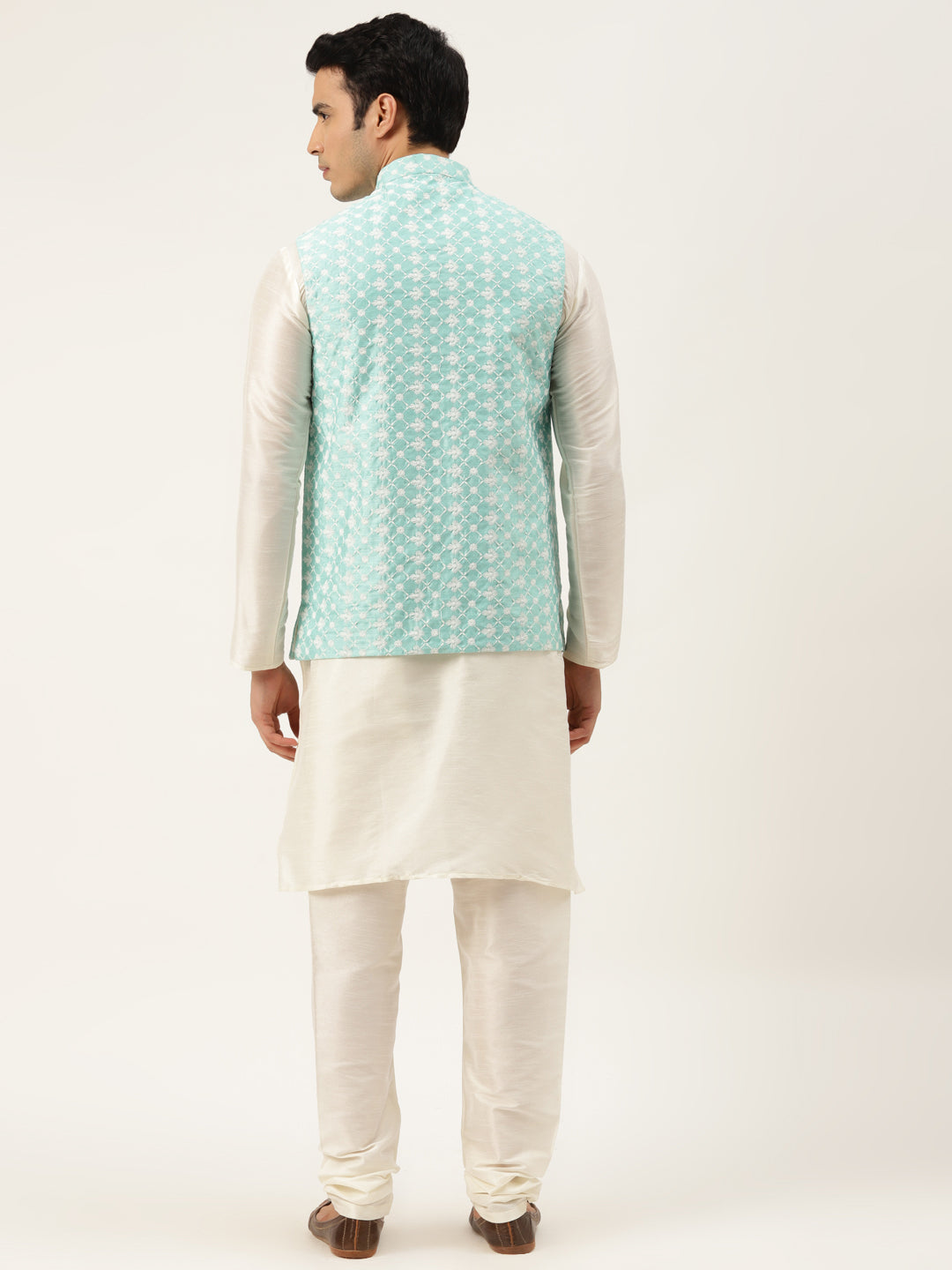 Men's Silk Blend Off White Kurta Pyjama & Seagreen Nehrujacket Combo - Sojanya