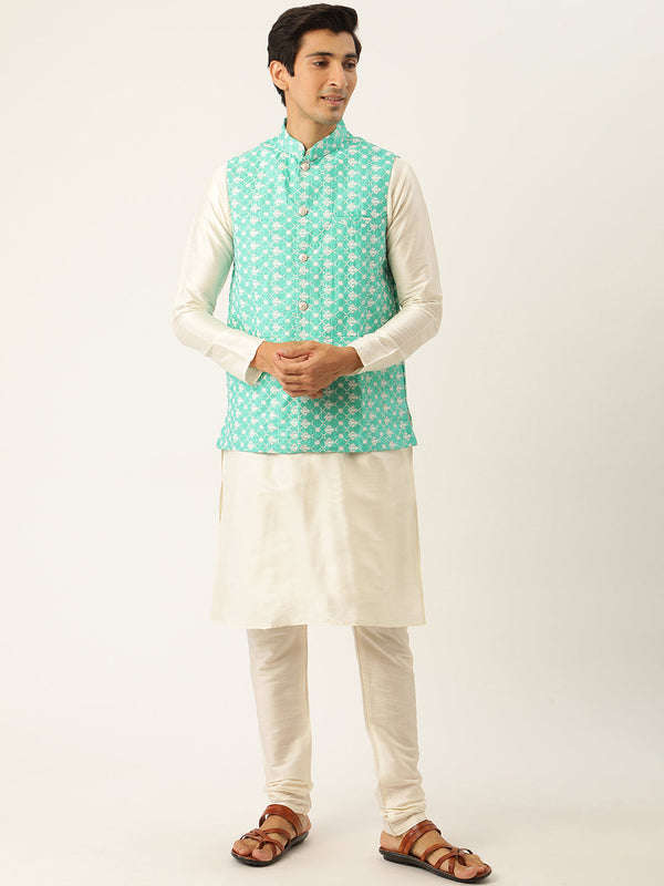 Men's Silk Blend Off White Kurta Pyjama & Ramagreen Nehrujacket Combo - Sojanya