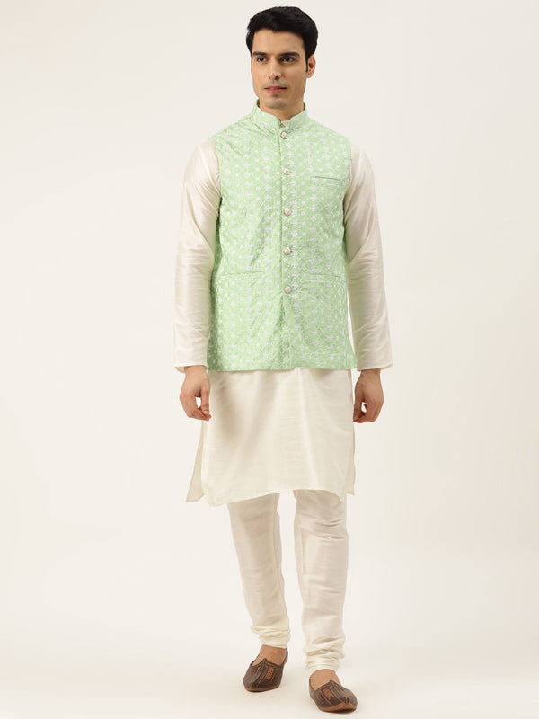 Men's Silk Blend Off White Kurta Pyjama & Lightgreen Nehrujacket Combo - Sojanya