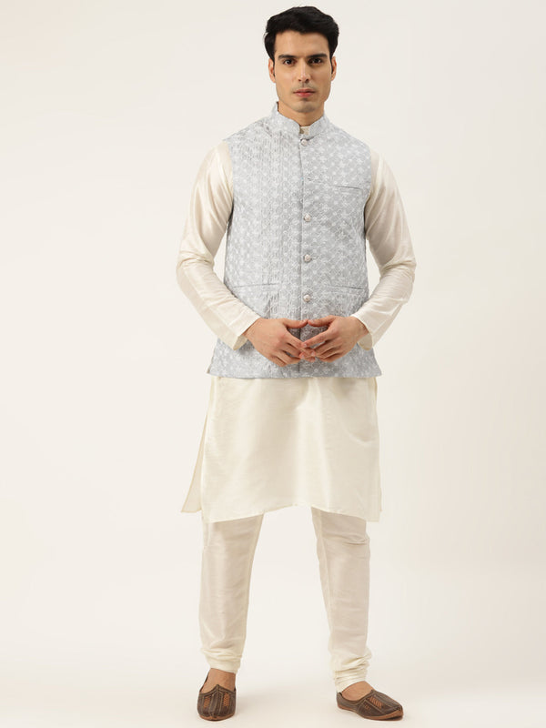 Men's Silk Blend Off White Kurta Pyjama & Grey Nehrujacket Combo - Sojanya