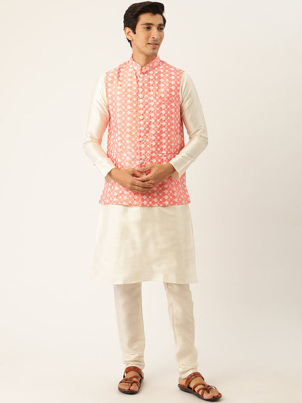 Men's Silk Blend Off White Kurta Pyjama & Peach Nehrujacket Combo - Sojanya