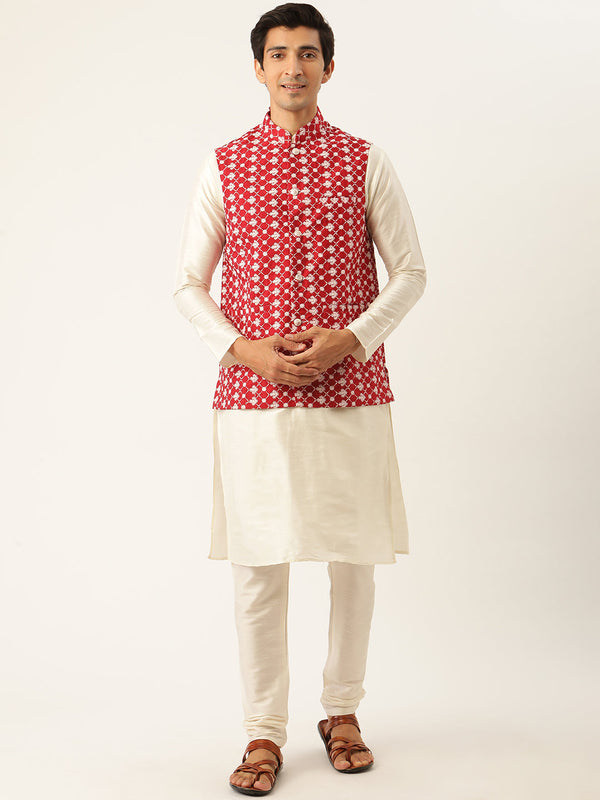 Men's Silk Blend Off White Kurta Pyjama & Maroon Nehrujacket Combo - Sojanya