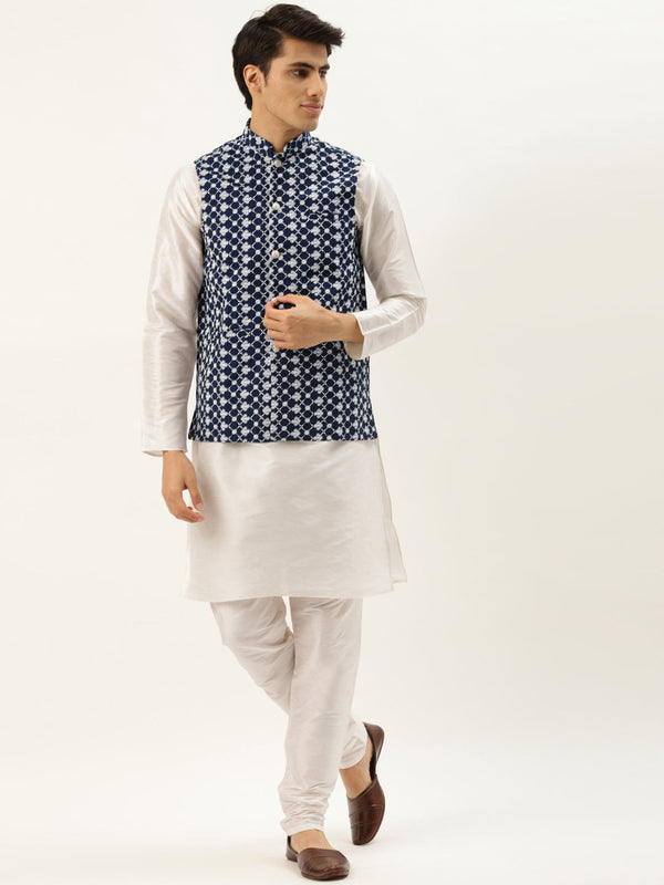 Men's Silk Blend Off White Kurta Pyjama & Navy Nehrujacket Combo - Sojanya