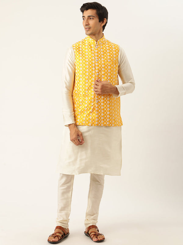 Men's Silk Blend Off White Kurta Pyjama & Yellow Nehrujacket Combo - Sojanya