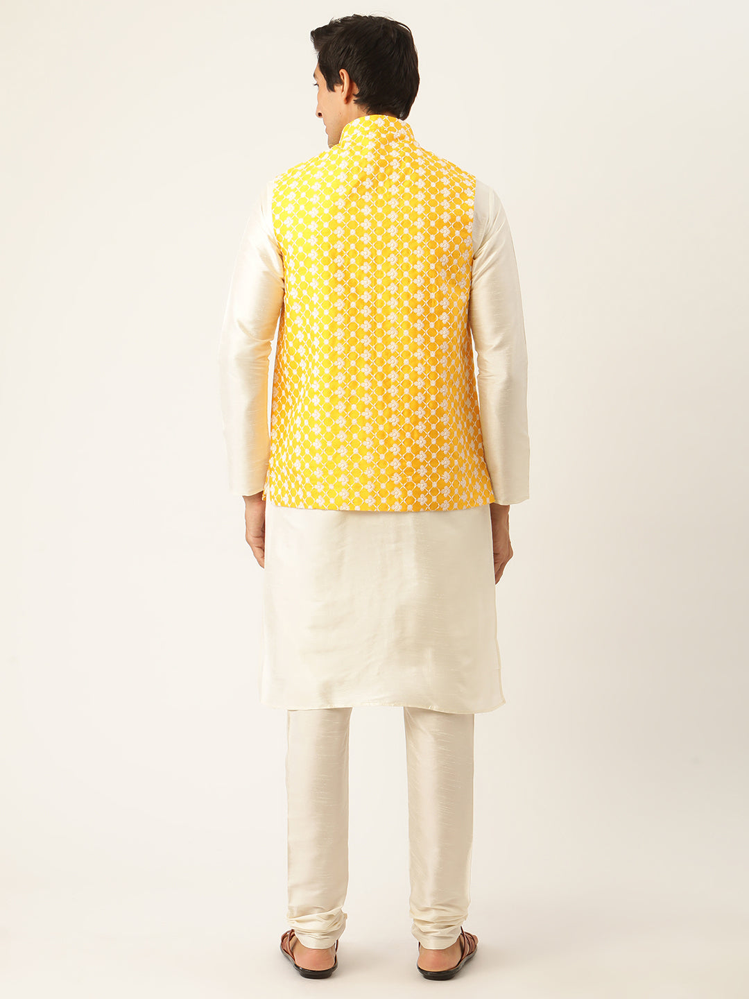 Men's Silk Blend Off White Kurta Pyjama & Yellow Nehrujacket Combo - Sojanya