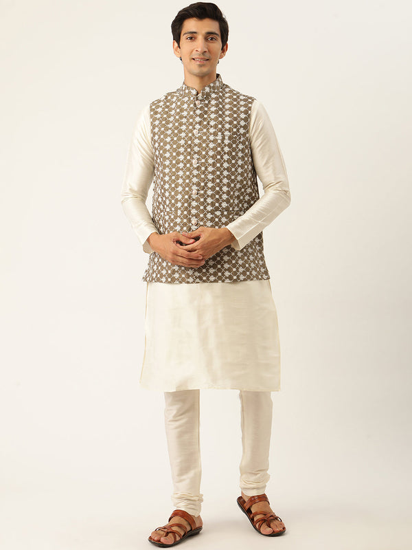 Men's Silk Blend Off White Kurta Pyjama & Olive Nehrujacket Combo - Sojanya