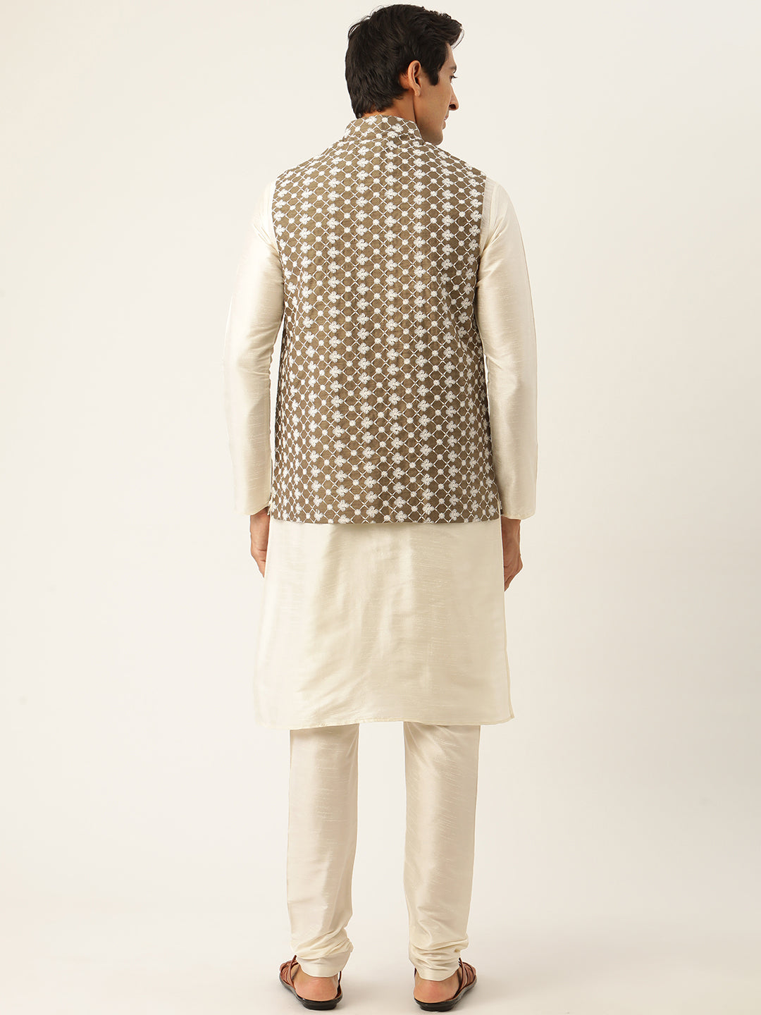 Men's Silk Blend Off White Kurta Pyjama & Olive Nehrujacket Combo - Sojanya