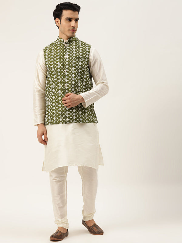 Men's Silk Blend Off White Kurta Pyjama & Dark Green Nehrujacket Combo - Sojanya