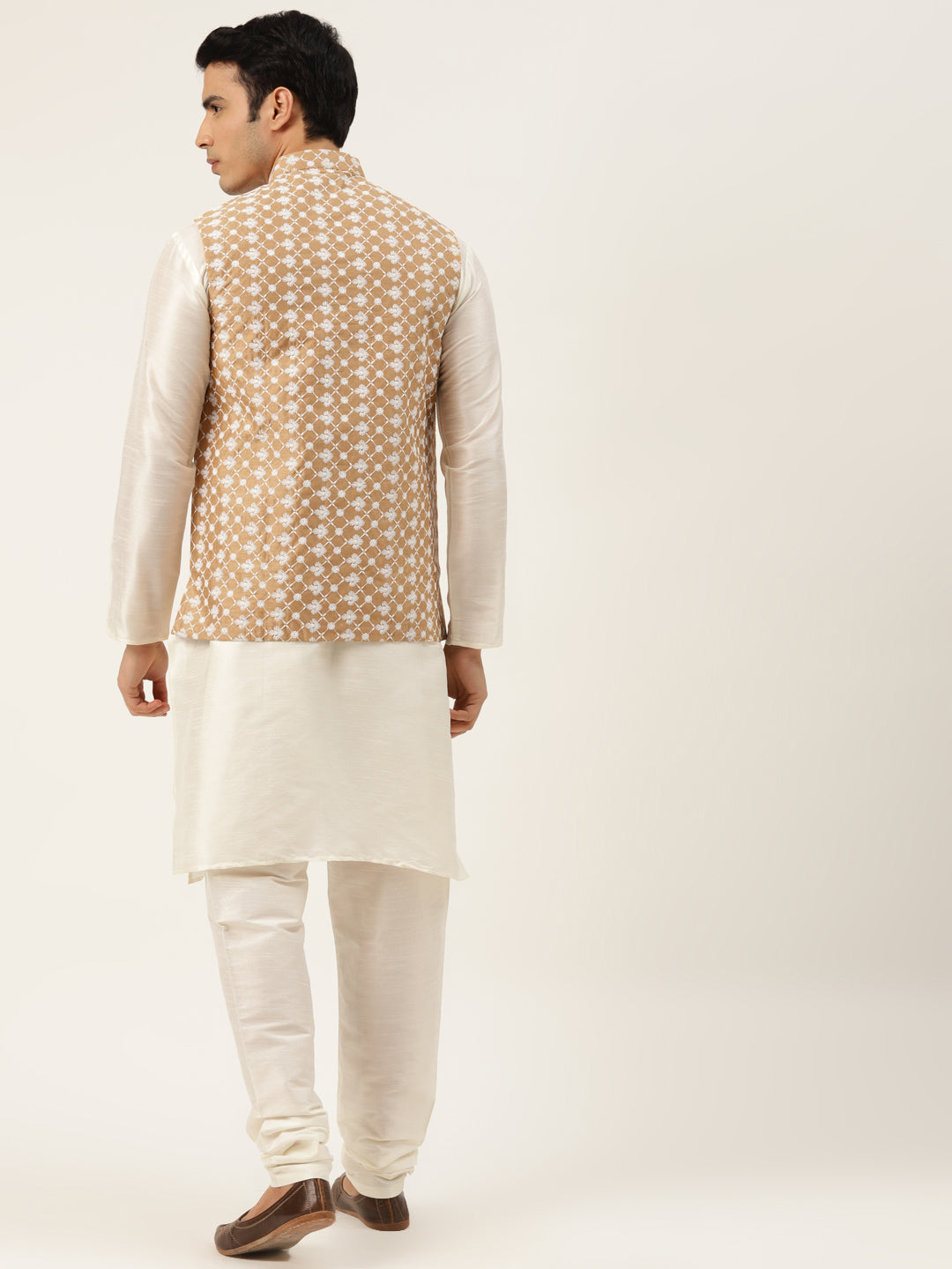 Men's Silk Blend Off White Kurta Pyjama & Dark Gold Nehrujacket Combo - Sojanya