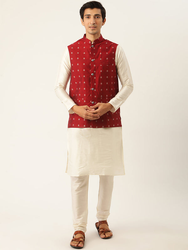 Men's Silk Blend Off White Kurta Pyjama & Maroon Nehrujacket Combo - Sojanya