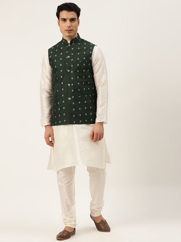 Men's Silk Blend Off White Kurta Pyjama & Dark Green Nehrujacket Combo - Sojanya