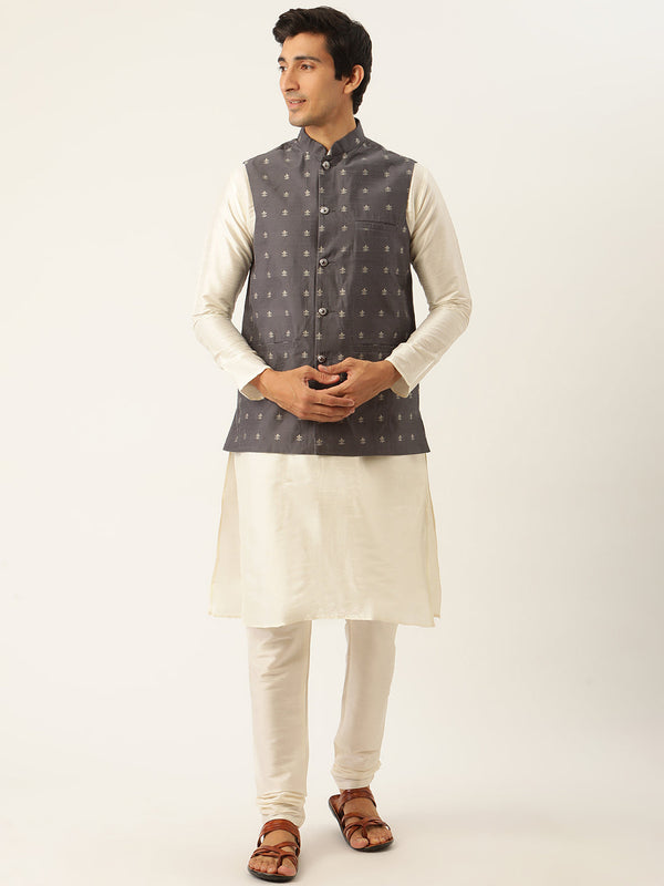 Men's Silk Blend Off White Kurta Pyjama & Grey Nehrujacket Combo - Sojanya