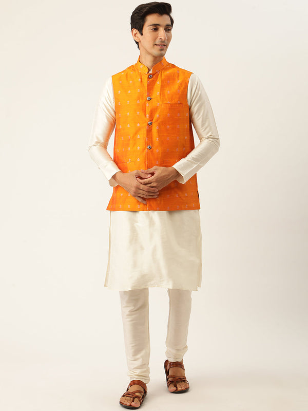 Men's Silk Blend Off White Kurta Pyjama & Orange Nehrujacket Combo - Sojanya