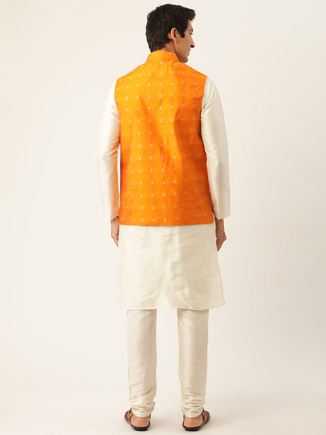 Men's Silk Blend Off White Kurta Pyjama & Orange Nehrujacket Combo - Sojanya