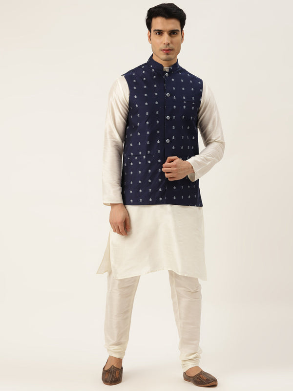 Men's Silk Blend Off White Kurta Pyjama & Navy Nehrujacket Combo - Sojanya