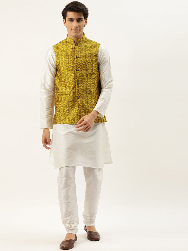 Men's Silk Blend Off White Kurta Pyjama & Mustard Nehrujacket Combo - Sojanya