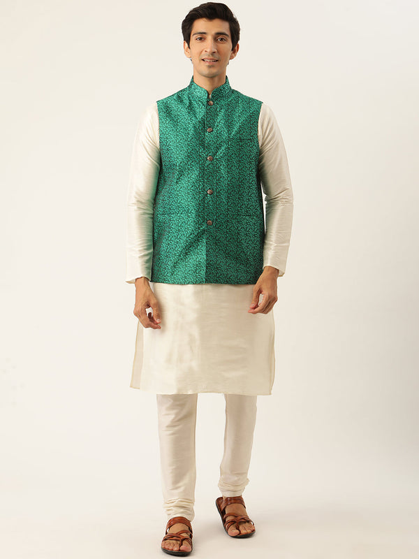 Men's Silk Blend Off White Kurta Pyjama & Dark Green Nehrujacket Combo - Sojanya