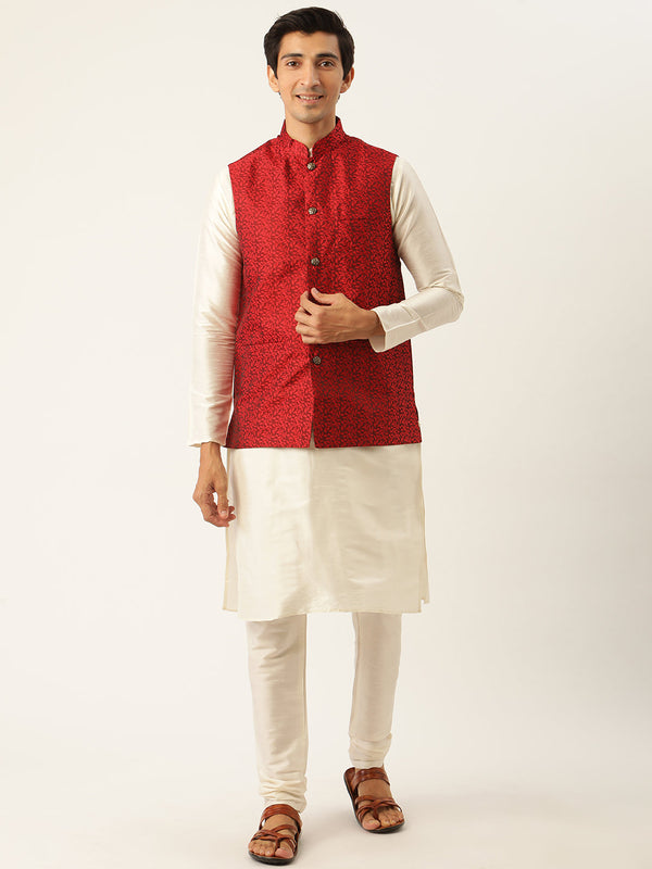 Men's Silk Blend Off White Kurta Pyjama & Maroon Nehrujacket Combo - Sojanya