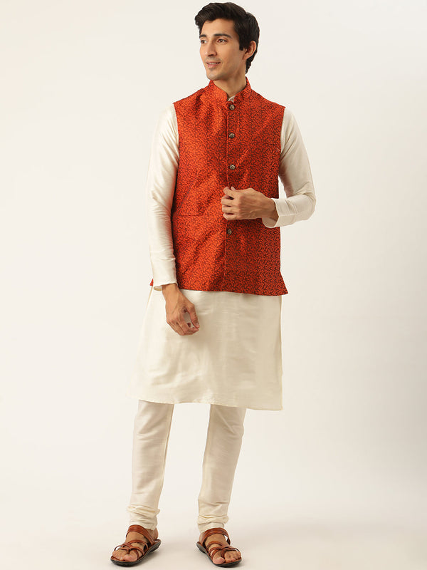 Men's Silk Blend Off White Kurta Pyjama & Orange Nehrujacket Combo - Sojanya