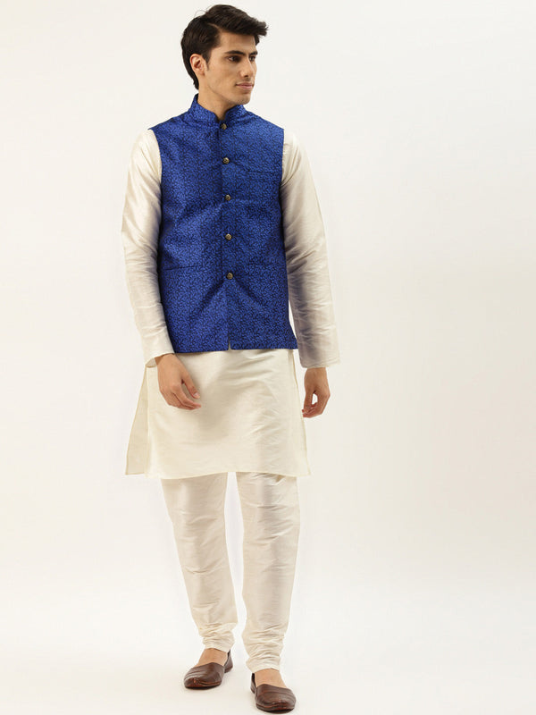 Men's Silk Blend Off White Kurta Pyjama & Royalblue Nehrujacket Combo - Sojanya