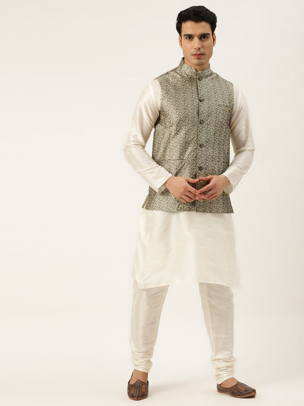 Men's Silk Blend Off White Kurta Pyjama & Gold Nehrujacket Combo - Sojanya