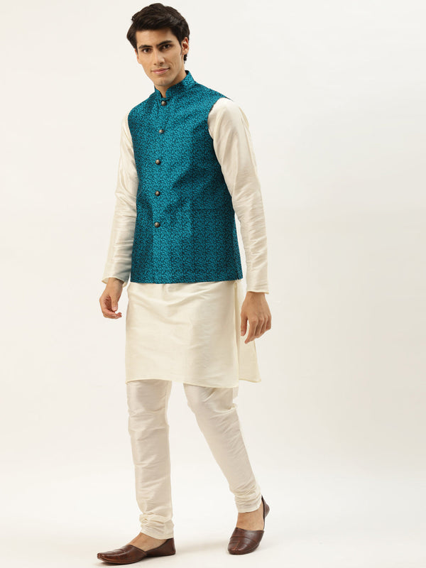 Men's Silk Blend Off White Kurta Pyjama & Tealblue Nehrujacket Combo - Sojanya